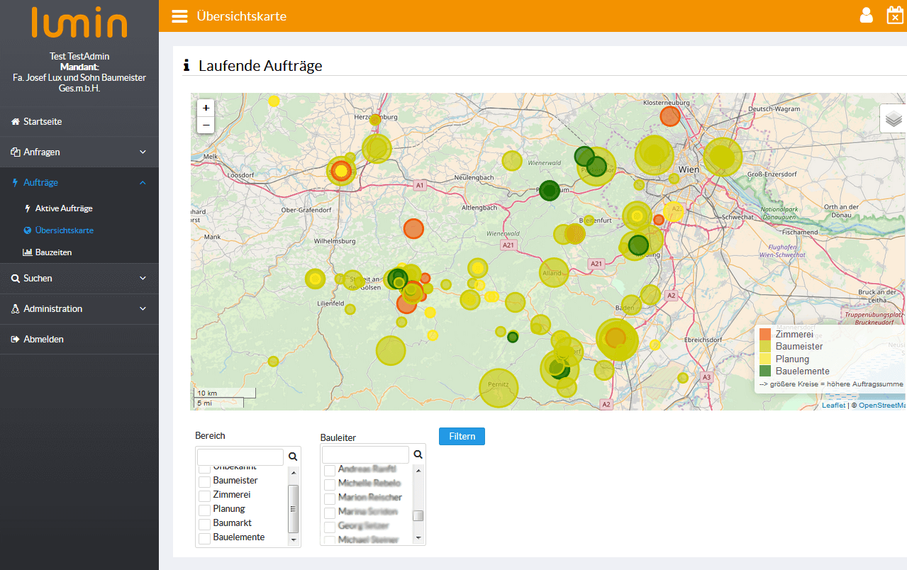 Lumin Visualisierung geografische Baustellenübersicht